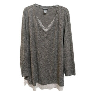 Cathrines long sleeve Heathered gray blouse top with lace trim lace neck 3X